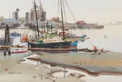 Jade Fon, Clam Digger, Oakland Estuary; Lone Fisherman (a group of two), Clam signed 'Jade Fon, A.W.S.' (lower left); Fisherman signed 'Jade Fon AWS' (lower right)