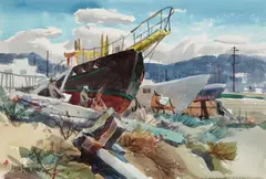 Jade Fon, Art Class, Oakland Estuary; Pier, Fort Baker (a group of two), Art signed 'JADE FON A.W.S' (lower left); Pier signed 'Jade Fon - A.W.S.' (lower left)