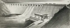 Hugh Ferriss, Architectural Illustration of an American Dam for Hood, Godley & Fouilhoux, 1942, pencil and charcoal on paperboard