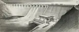 Hugh Ferriss, Architectural Illustration of an American Dam for Hood, Godley & Fouilhoux, 1942, pencil and charcoal on paperboard