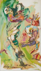 LeRoy Neiman, Jets Against Kansas (Emerson Boozer #32), 1968, oil and acrylic on paper laid down on masonite