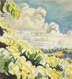Charles E. Burchfield, Untitled (Landscape with Yellow Shrubs), gouache, watercolor, pencil and colored pencil on paper laid down on board