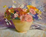 Laura Coombs Hills, Mixed Flowers in a Yellow Vase, pastel on paper laid down on board