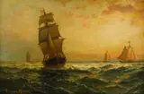 Edward Moran, Sailing at Sunset, oil on canvas