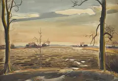 Charles E. Burchfield, Untitled (Barren Landscape with Trees and Houses), gouache and watercolor on paper