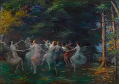 Arthur Bowen Davies, Driobe and her Handmaidens, circa 1902-06, oil on canvas laid down on board