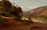 Thomas Hill, Along a riverbank, oil on board