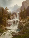 Hermann Herzog, Roaring alpine waterfall, oil on canvas