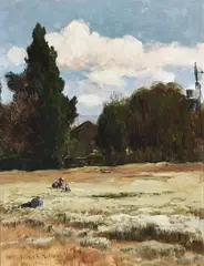 Arthur Frank Mathews, Figures in a field, oil on board