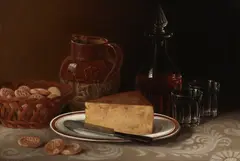 William Mason, A still life with cognac, pitcher, a wedge of cheese and biscuits, 1840, oil on canvas