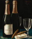 Victor Dubreuil, Still life with champagne, cigars, and a pack of playing cards, oil on canvas