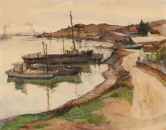 Rowena Meeks Abdy, An old waterside lane along San Francisco Bay (Hunters Point), watercolor on paper