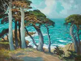 Mary DeNeale Morgan, Cypress trees, Carmel, oil on board