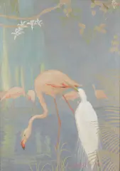 Jessie Arms Botke, Egret and Flamingo, oil on canvas