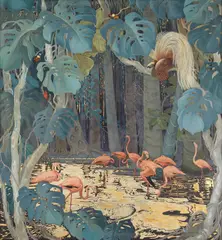 Jessie Arms Botke, Flamingos and Tropical Birds, oil and gold leaf on canvas