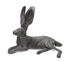 Black-tailed Jackrabbit (Lepus californicus Pose #1, Lying down) by Mark Rossi, bronze with dark olive patina, sold Nov 2018