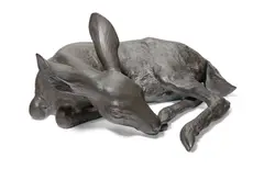 Mark Rossi, White-tail Fawn, Female Deer (Odocoileus Reclining, licking hoof), bronze with olive patina