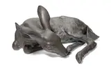 Mark Rossi, White-tail Fawn, Female Deer (Odocoileus Reclining, licking hoof), bronze with olive patina