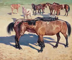 Lon Megargee, A stable of horses, oil on board