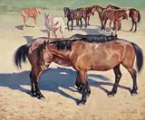 Lon Megargee, A stable of horses, oil on board