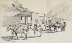 Arthur Rackham, Burros Outside a Building, pen and ink on paper