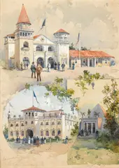 Charles Dickman, Four original illustrations from: A Glimpse of the Midwinter Fair, 1894. Including: Grand Court Illuminated; The Electric Fountain; Chinese Procession; Santa Clara, Santa Barbara, and Alameda County buildings, 1894