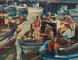 Maurice Logan, Reviewing the day's catch, oil on canvas affixed to board