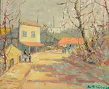 Selden Connor Gile, Sun-washed street with figures strolling, thought to be Tiburon, 1929, oil on board