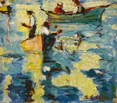 Figures in boats by Selden Connor Gile, oil on board, sold Aug 2018