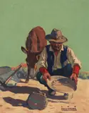 Lon Megargee, Panning for gold (The prospector), oil on board