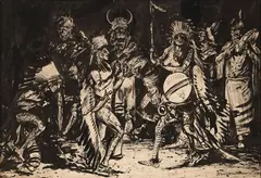 Edward Borein, Untitled (Plains warriors in a nighttime ritual), 1913, india and sepia ink on illustration board