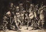 Untitled (Plains warriors in a nighttime ritual) by Edward Borein, 1913, india and sepia ink on illustration board, offered Aug 2018