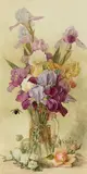 Paul de Longpré, A still life with a bumblebee and irises in a glass pitcher