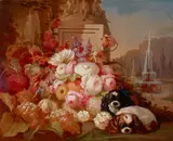 Thomas Hill, Two Blenheim Cavalier King Charles Spaniels with Flowers