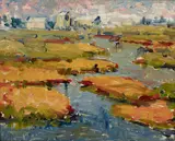 Selden Connor Gile, Small Orange Islands, oil and graphite on board