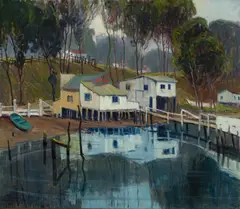 Cornelius Botke, Shacks along a coastal inlet, oil on canvas