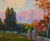 Jean Mannheim, Figures in an autumn landscape at dusk, oil on canvas