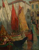 Mischa Askenazy, Fishermen and their boats along a Venetian canal, oil on canvas