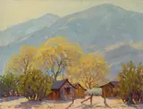 Landscapes with barns (a group of four) by Paul Grimm, three oil on board, one oil on canvas laid to board, sold Apr 2018