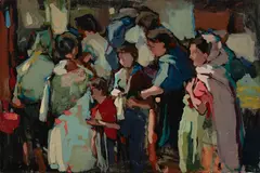 An urban scene with figures by Si Chen Yuan, oil on canvas, sold Apr 2018