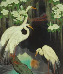 Jessie Arms Botke, Egrets, circa 1930, oil on canvas laid to board