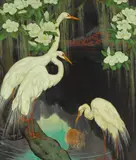 Jessie Arms Botke, Egrets, circa 1930, oil on canvas laid to board