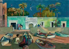 A coastal scene by Millard Sheets, 1979, acrylic on canvas, sold Apr 2018