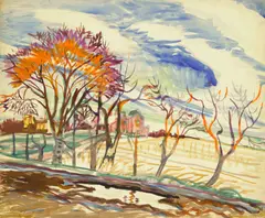 Charles E. Burchfield, Untitled (Landscape with Trees and Houses), 1917, gouache and watercolor on paper laid down on board
