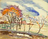 Charles E. Burchfield, Untitled (Landscape with Trees and Houses), 1917, gouache and watercolor on paper laid down on board