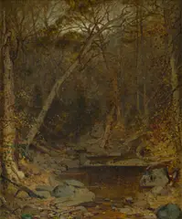 Jervis McEntee, Untitled (Stream in the Woods), oil on board