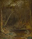 Jervis McEntee, Untitled (Stream in the Woods), oil on board