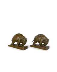 Mahonri Young, Pushing Elephants: A Pair of Bookends, circa 1913, bronze with dark brown patina