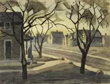 Charles E. Burchfield, Street at Dusk, circa 1920, gouache, watercolor and pencil on paper laid down on board