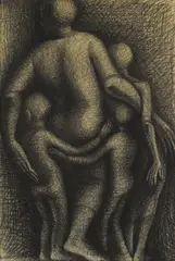 John T. Biggers, Mother and Children, charcoal on paperboard